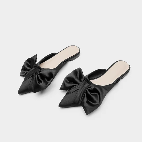 2020 Summer New Pointed Toe Baotou Half Slippers Polka Dot Bow Flat Heel Slipper Black
