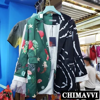 

European 2020 New Fashion Contrasting Color Stitching Printing Small Suit Jacket Streetwear Female Loose Blazer Coat Outwear