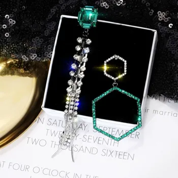 

European & American Women Asymmetrical Full Crystal Tassel Geometric Earrings Quality Earrings for Women Wedding Party Jewelry