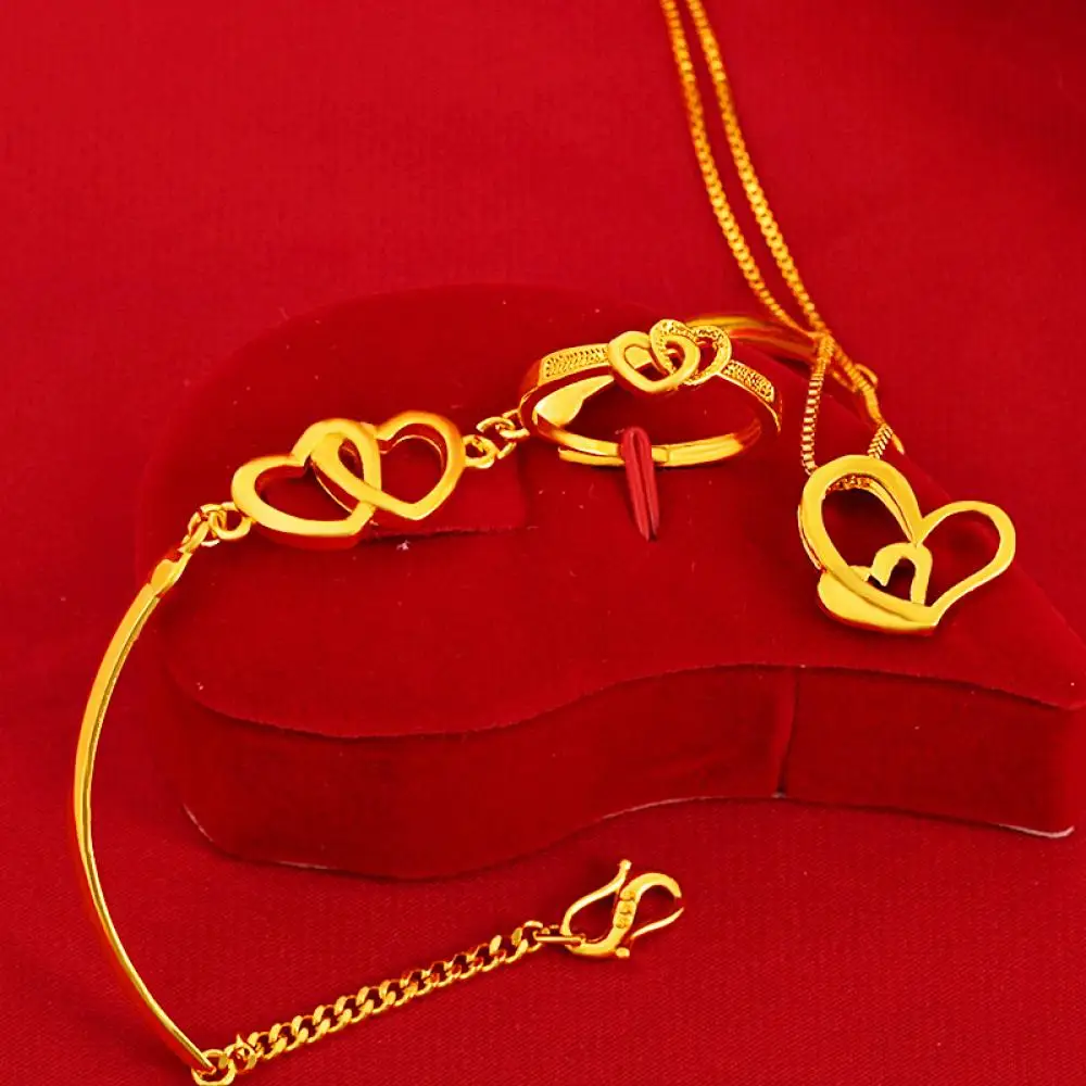 Pure 24k gold color Jewelry Set Fashion Double Heart Pendant necklace for women wedding Bracelet Bangles Ladies Bridals ring