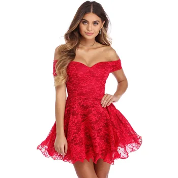 

BGW Sexy V Neck Off Shoulder Short Sleeves A Line Lace Mini Cocktail Dresses Zipper Back 2019