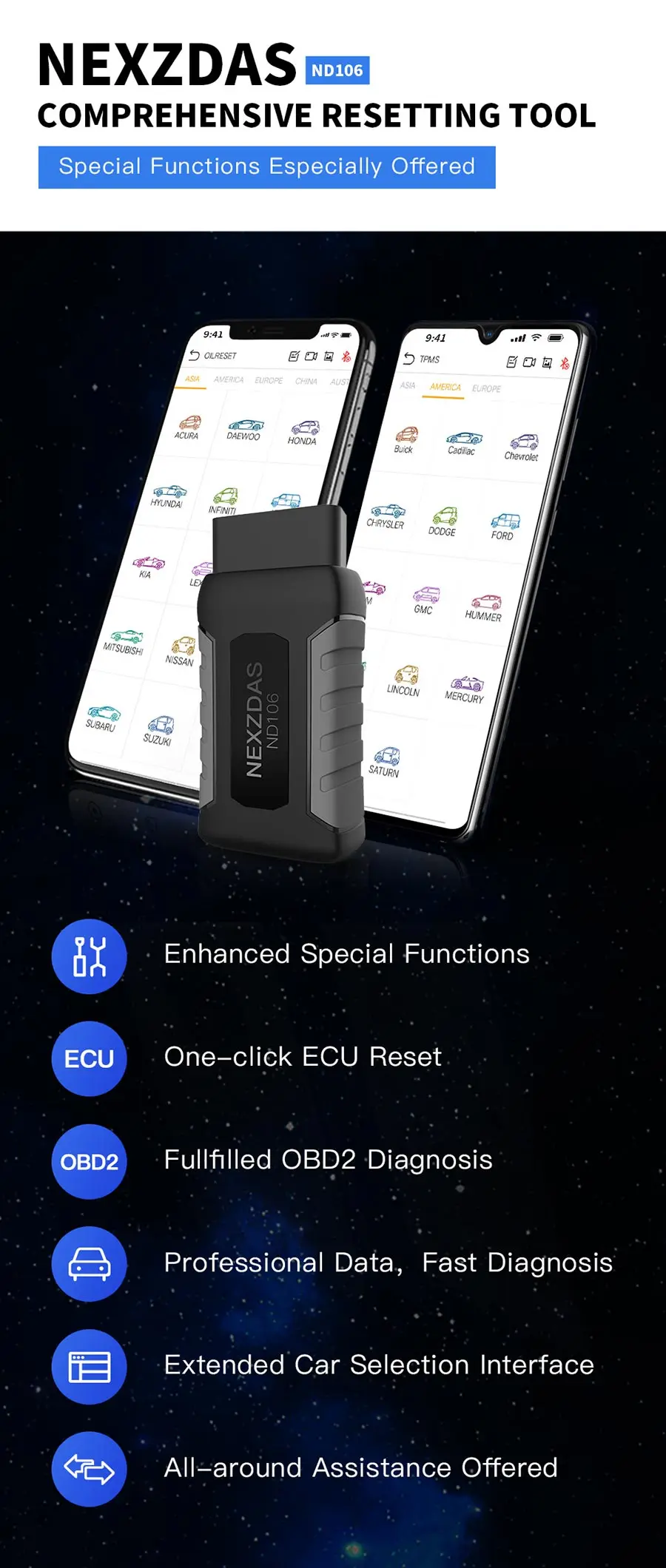 Humzor NexzDAS ND106 Bluetooth специальная функция сброса инструмента на Android и IOS для ABS/TPMS/сброса масла/DPF бесплатное пожизненное обновление