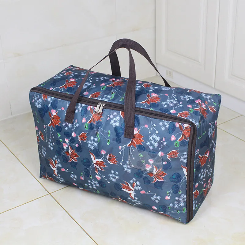Новая утолщенная сумка для хранения, однотонная сумка для хранения, органайзер для одежды, сумка для багажа на молнии, посылка для хранения, туристический лагерь - Цвет: navyblue flower