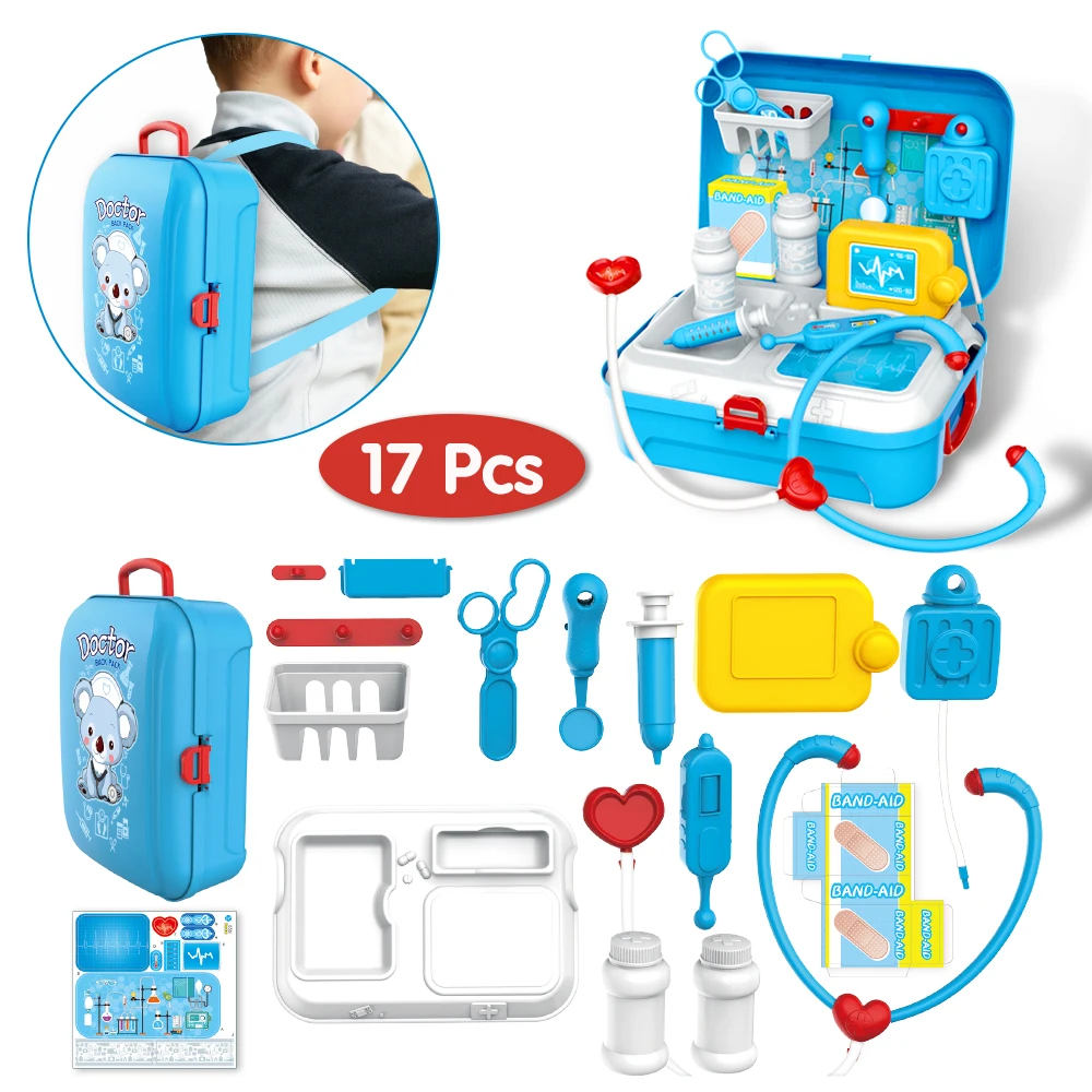 Baratos 17 Uds juego de rol de los niños de simulación juego de juguete médico mochila portátil Kit médico niños educativos juego de roles juguetes clásicos regalos de navidad