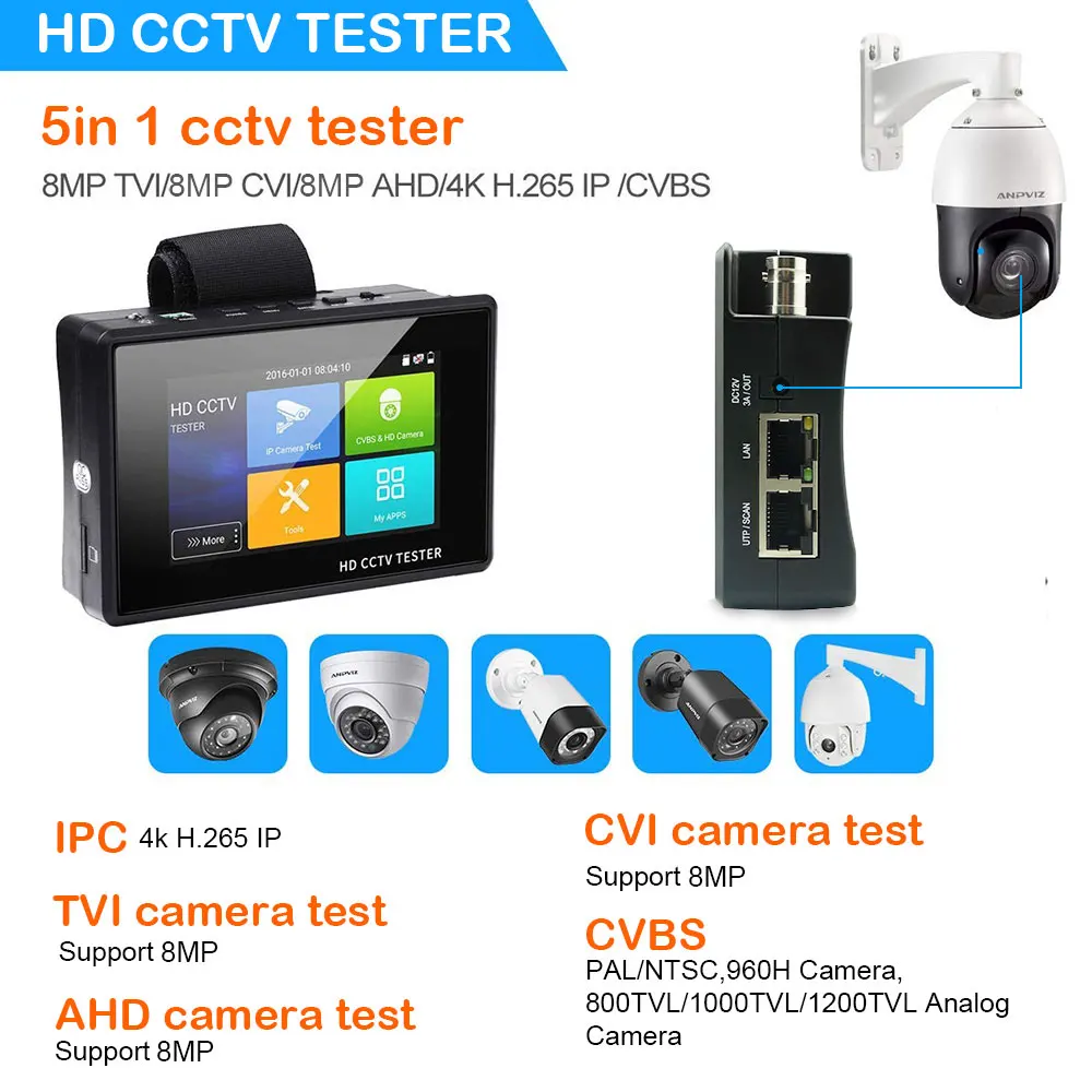 4 дюйма 4 к H265 H264 IP камера тестер 8MP AHD/TVI/CVI CVBS CCTV тестер монитор PTZ контроллер Быстрый ONVIF IPC тестер с портом POE