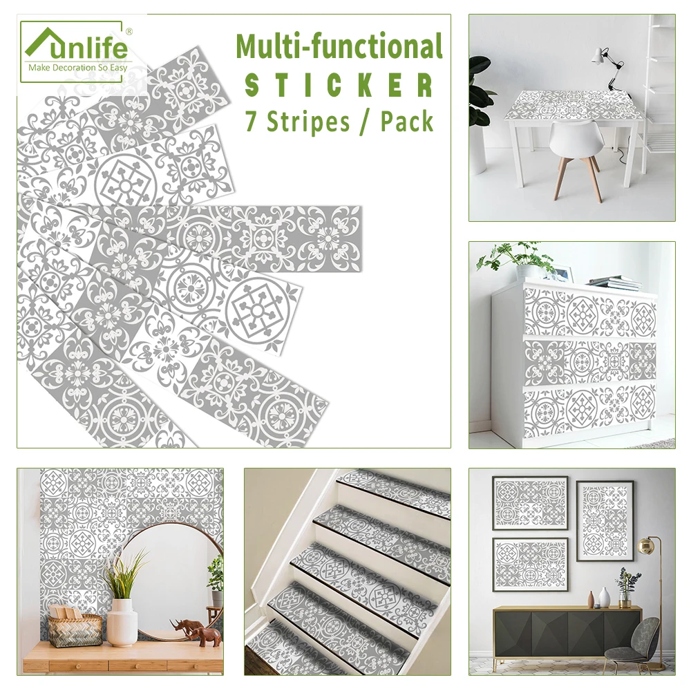 

Funlife 21x100cmx7pcs Gray Moroccan DIY Retro Stair Sticker Self adhesive Kitchen Bathroom Tile Sticker Functional Wall Sticker