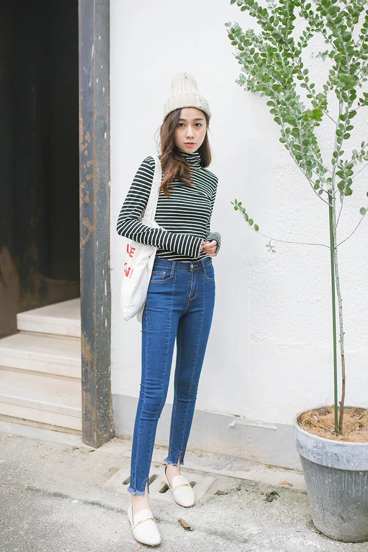 AliExpress Trousers Slit Burrs Jeans Women's High-waisted Slim Fit Elasticity Capri Skinny Pencil Pants