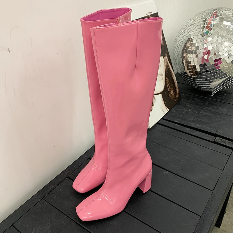Женские сапоги из лакированной кожи на высоком каблуке; Botines Mujer; коллекция года; Botas Mujer; зимняя обувь; женские пикантные рыцарские сапоги; Bota Feminina