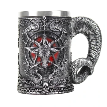 

Baphomet Mug Tankard Stainless Steel Resin 3D Baphomet Pentagram Sabbatic Gothic Wicca Pagan Horn Beer Tankard Cup Mugs 600ml