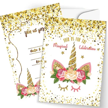 

6pcs Gold Glitter Unicorn Invitations Greeting Cards with Envelopes Baby Shower Kids Birthday Party Decoration Favor