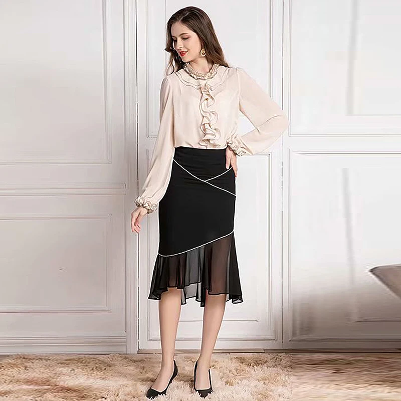 

New Fashion High Quality Spring Party Casual Workplace Shirt Tops Black Pencil Half Skirt Vintage Elegant Chiffon Women'S Sets