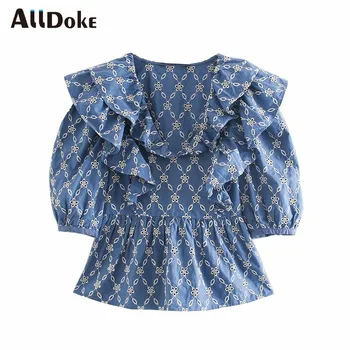 

ALLDOKE blue vintage embroidery blouse women summer v neck puff sleeve ruffles tops shirt hollow out casual blouses blusas mujer