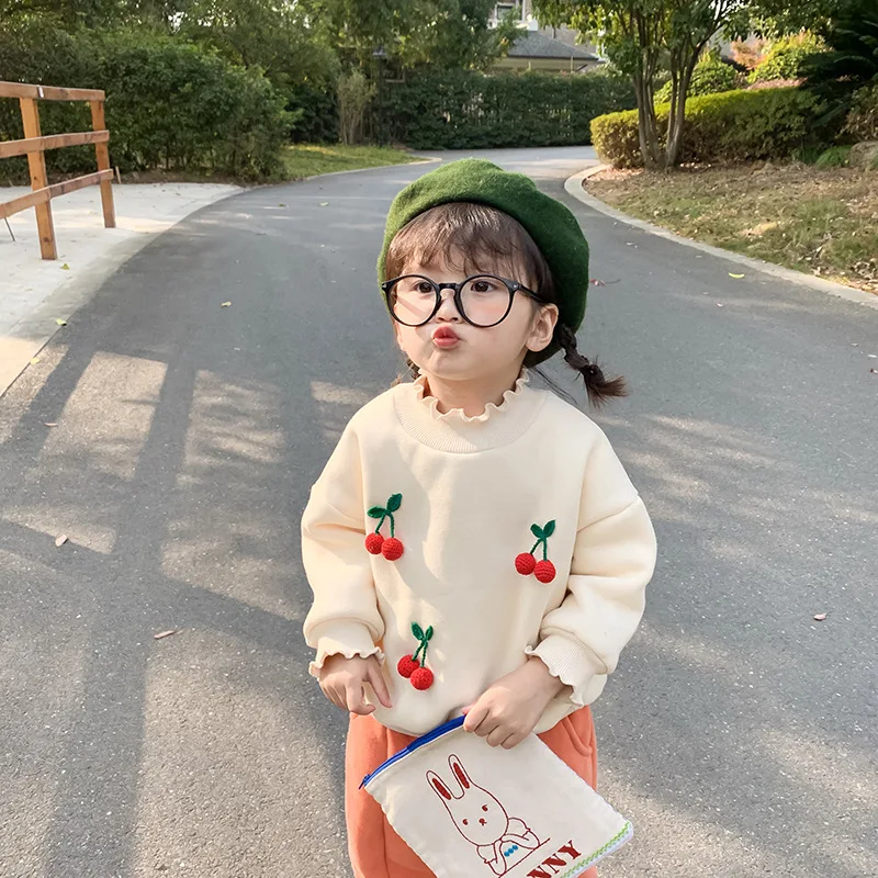 New Winter Cute Toddler Girls Three-dimensional Cherry Cartoon Shirt Clothing Baby Girl Velvet High Collar Hoodies Tops Outfit