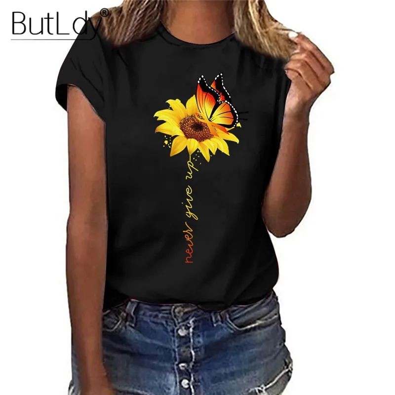 

Floral Print Women T Shirt Never Give Up Sunfolwer T-shirt Summer Casual Harajuku Short Sleeve T shirts Female O-neck Shirt Top