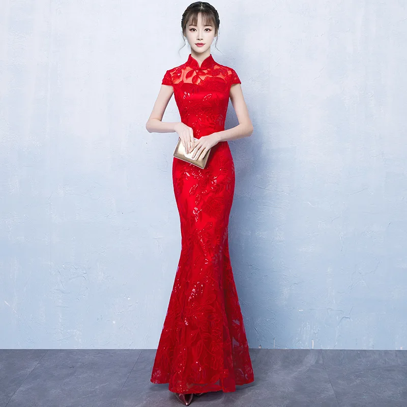 Новое Кружевное платье русалки винтажные Свадебные платья для невесты тонкий китайский стиль Cheongsam классический сценический показ Qipao Vestidos 3XL 4XL