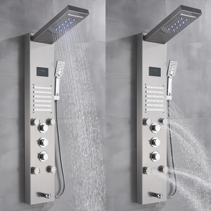 Uythner Роскошный Матовый никель смеситель для ванной комнаты светодиодный душ панель Колонка Ванна Смеситель кран W/ручной душ температурный экран