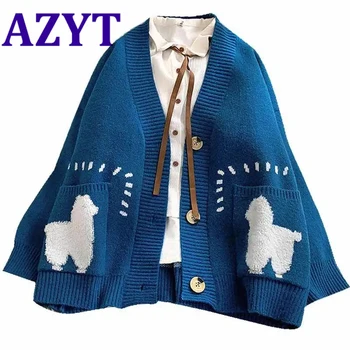 

AZYT Autumn Winter New Sweater Cardigan Women 2020 Big Pocket Sheep Cartoons Print Knit Cardigan Jacket Female Casual Knitwear