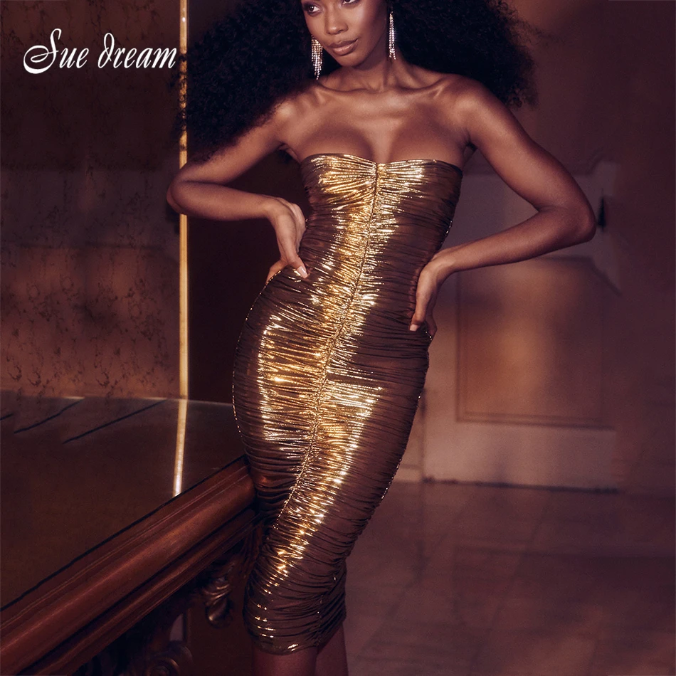 

2019 Autumn New Women'S Fashion Sexy Gold Strapless Pleated Midi Dress Bodycon Club Party Dress Vestidos