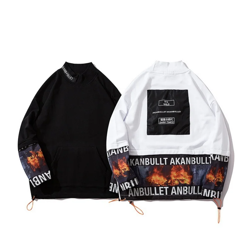 

2019 autumn hem drawstring stitching Sweatshirt original street letter flame print stitching men's Hip Hop turtleneck Sweatshirt