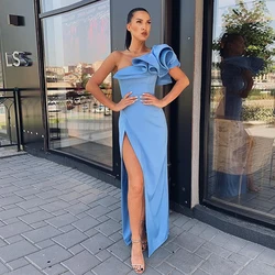 Lorie One Shoulder Sleeveless Blue Satin Evening Dresses Mermaid Long Formal Prom Dress Clubbing Party Gown with High Split