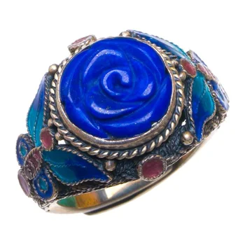 

Natural Lapis Lazuli And Cloisonne Carved Rose Opening Handmade 925 Sterling Silver Ring 8.5 D1292