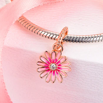 

Fandola Fits Pandora Bracelets Pink Daisy Flower Dangle Charms 925 Sterling Silver Women DIY Beads for Jewelry Making kralen