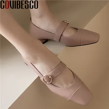 

COVIBESCO Mary Janes Sweet Fashion Shoes For Women Genuine Leather Shallow Thick Heels Pumps Autumn Party Office Shoes Woman