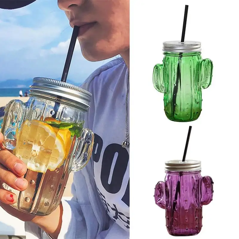 

400ml Creative 3d Cactus Glass Mason Jar Beverage Cup Mug With Lid And Straw Cold Drink Smoothie Cup Juice Cold Drink Glass Cup