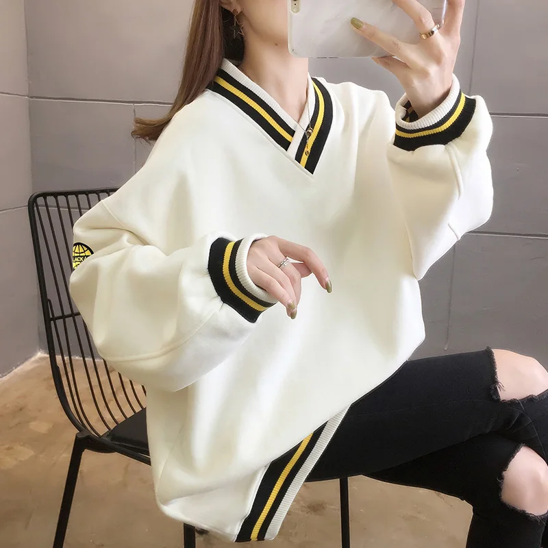 

Women Sweater Korean Loose Autumn Winter Oversize Sweater V-Neck Pullover Warm Casual Knitted Long Sleeve Tops Knitwear Female