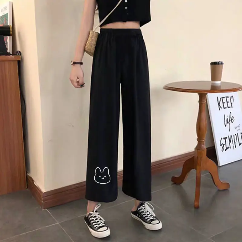 Spring Autumn New Printed Wide Leg Pants Women Korean High Waist Straight Casual Pants Female Students Cropped Black Pants
