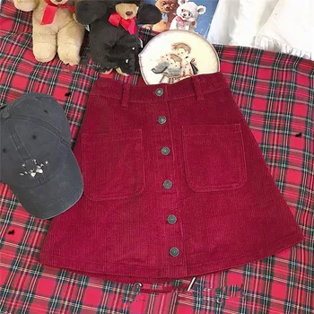 

Autumn Vintage Women Short A-line Buttom Skirt Winter Hight Waist Slim Corduroy Skirts Ladies Pocket Black Mini Skirt Red Pink