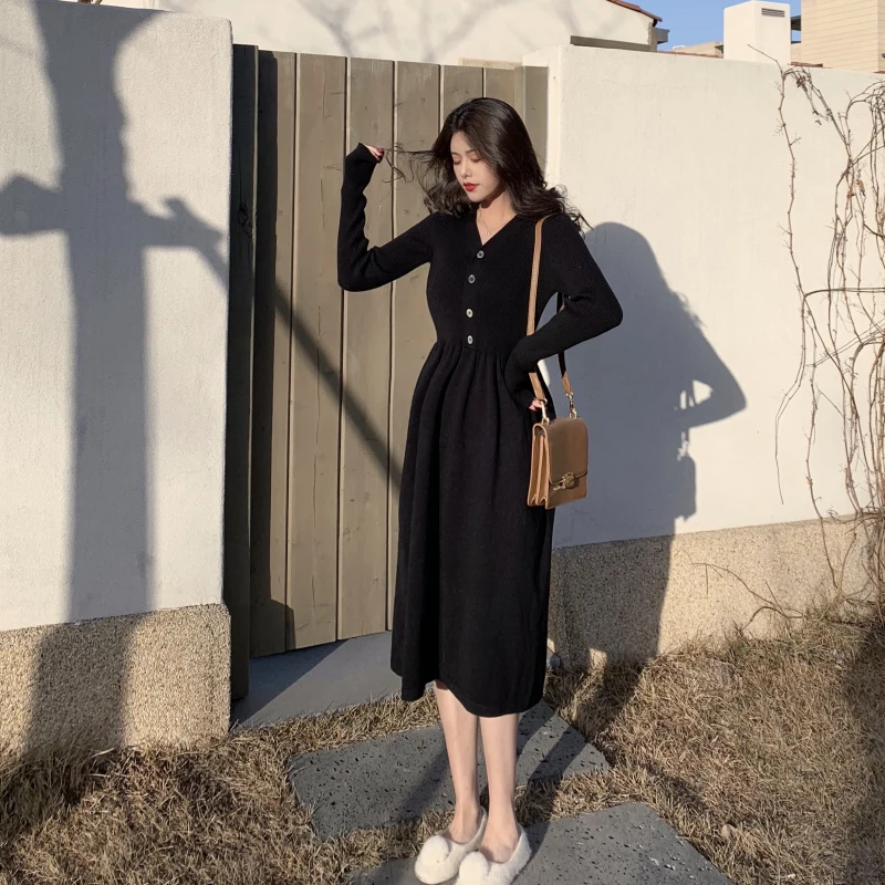 שחור סוודר שמלת נשים סקסי V-צוואר אלגנטי משרד נשי שמלה סרוגה ארוך שרוול מקשה אחת שמלה קוריאני 2020 סתיו חורף