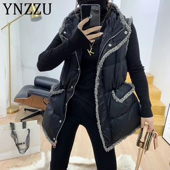 

YNZZU Vintage 2020 Spring Winter 90% White Duck Down Vest Women Tassel Patchwork High Waist Slim Hooded Female Waistcoat A1392