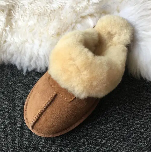 brown Тапочки из натуральной овечьей кожи; Модные женские зимние тапочки; женские теплые домашние тапочки; высокое качество; мягкая шерсть; женская домашняя обувь - Цвет: brown