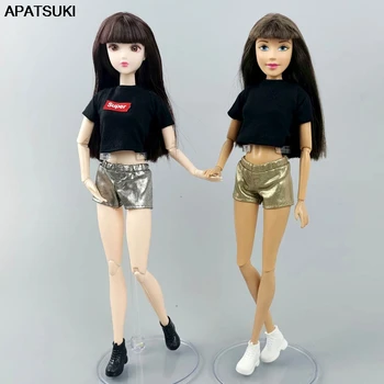

Metallic Fashion Doll Clothes For Barbie Doll Outfits Black Short Tops T-Shirt Leather Shorts For Blythe Licca Doll Accessories