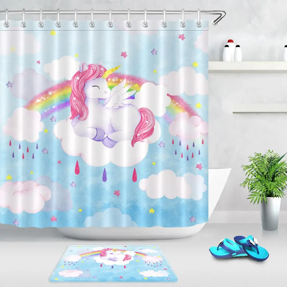 Cartoon Cute Unicorn Shower Curtain With Hooks Rainbow White Cloud
