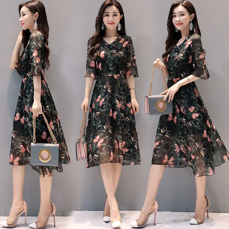 

2018 Summer New Style Chiffon Printed Mid-length Dress Korean-style Slim Fit Slimming Large Size Summer Boutique Women's Dress