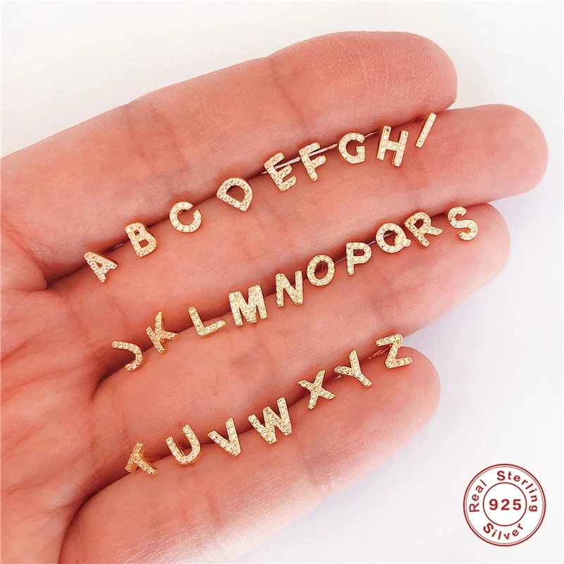 Pendientes tipo botón de plata fina para mujer, pendiente de circonia A ~ Z con 26 letras en inglés, joyería coreana DIY, aretes iniciales, 1 par, 925