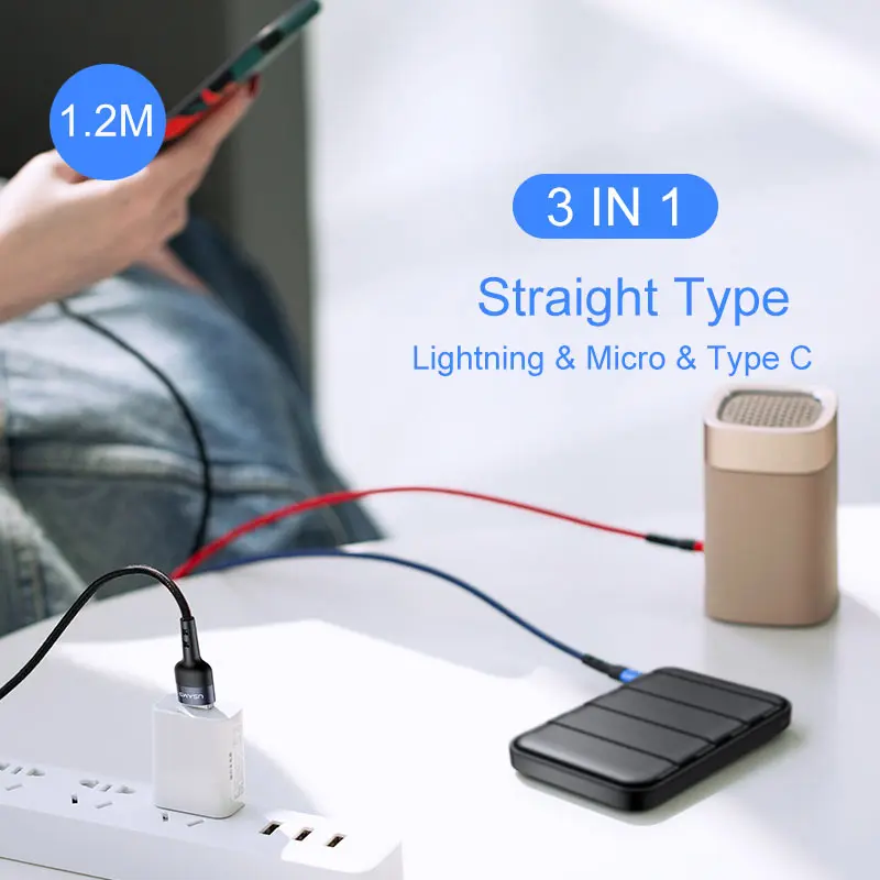 USAMS 3 в 1 Micro USB кабель 3A type C кабель для iPhone кабель USB C кабель для зарядки 4 в 1 шнуры для iPhone 6 6s 7 8 x xs samsung - Цвет: 3 in 1 Straight 1.2M