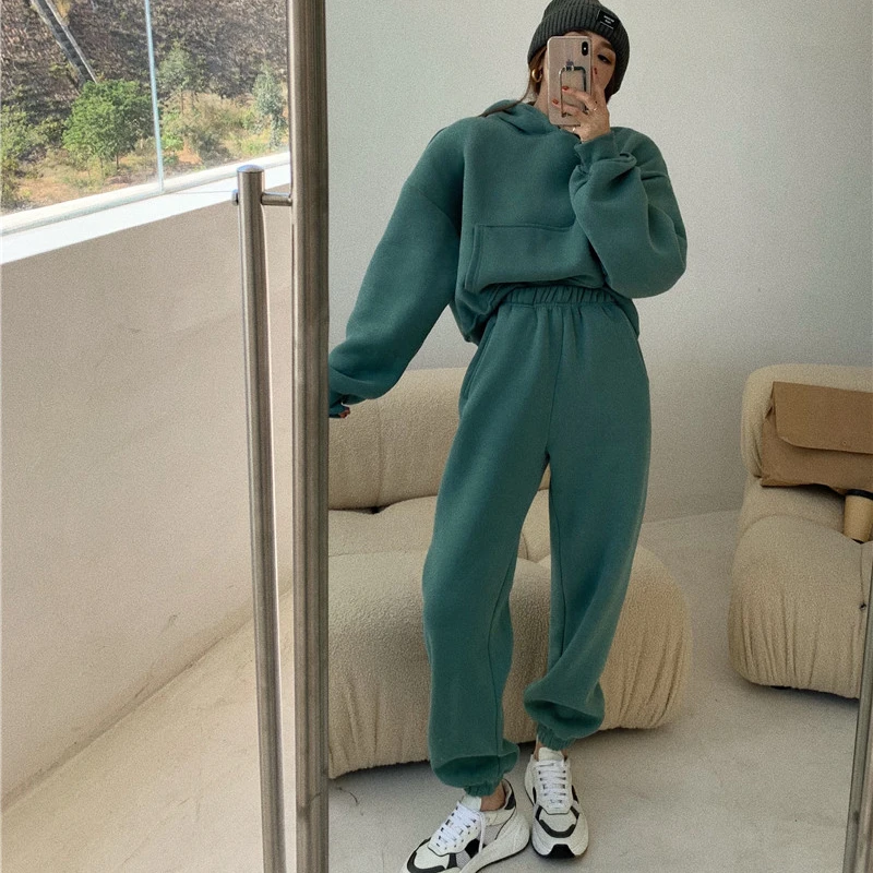 2022 Spring Women Hoodies Sweatshirt Tracksuit Fleece Cotton 2 Pieces Sets Female Pants Suits green pant suit