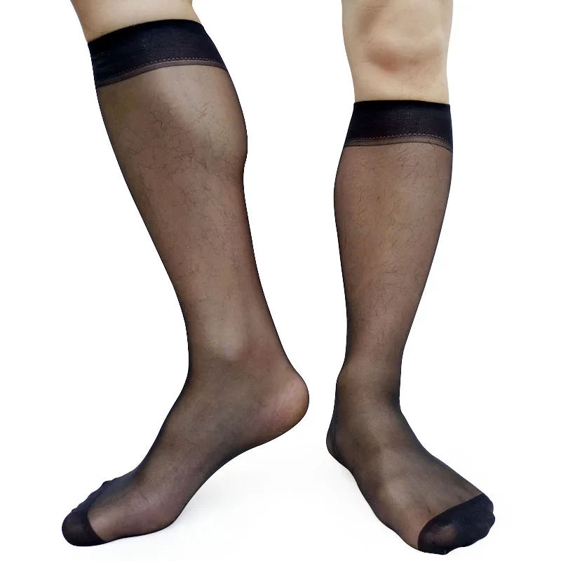 Черные прозрачные тонкие мужские официальные носки, высококачественные нейлоновые шелковые прозрачные длинные носки без пятки, мужские носки до колена - Цвет: Черный