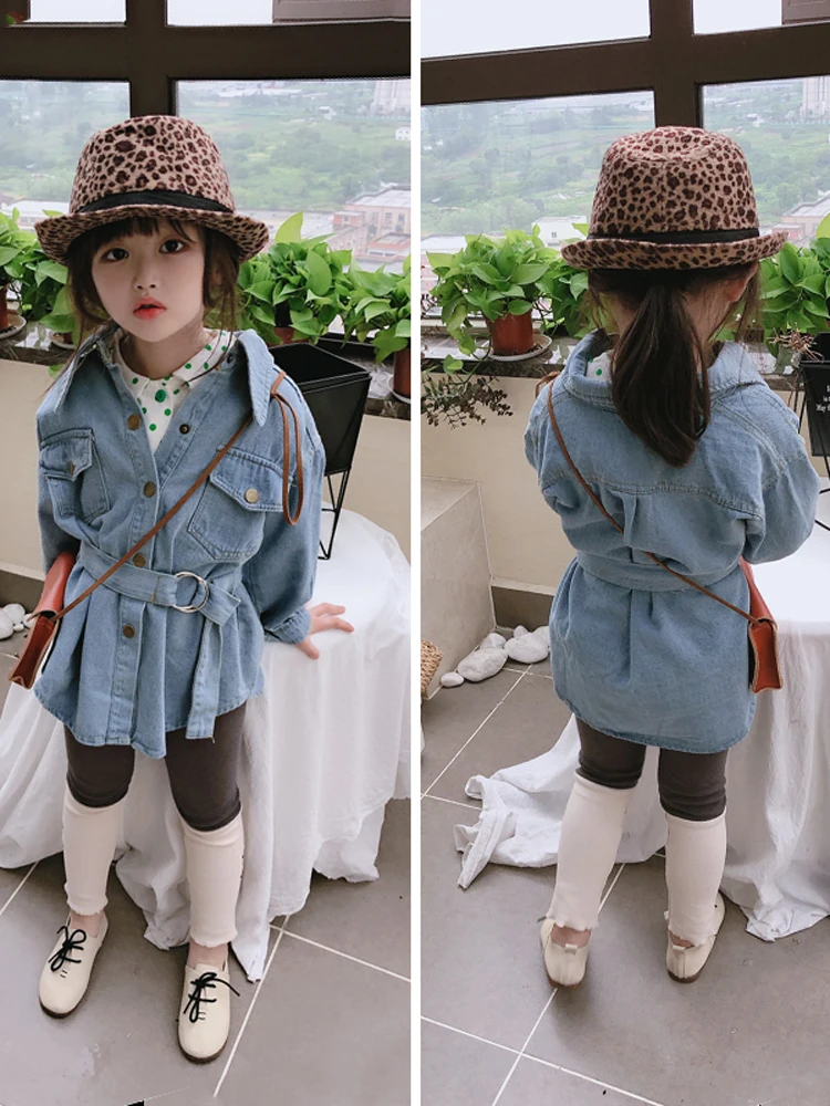 Новинка 2020 года джинсовая рубашка для девочек на весну и осень с поясом Детский