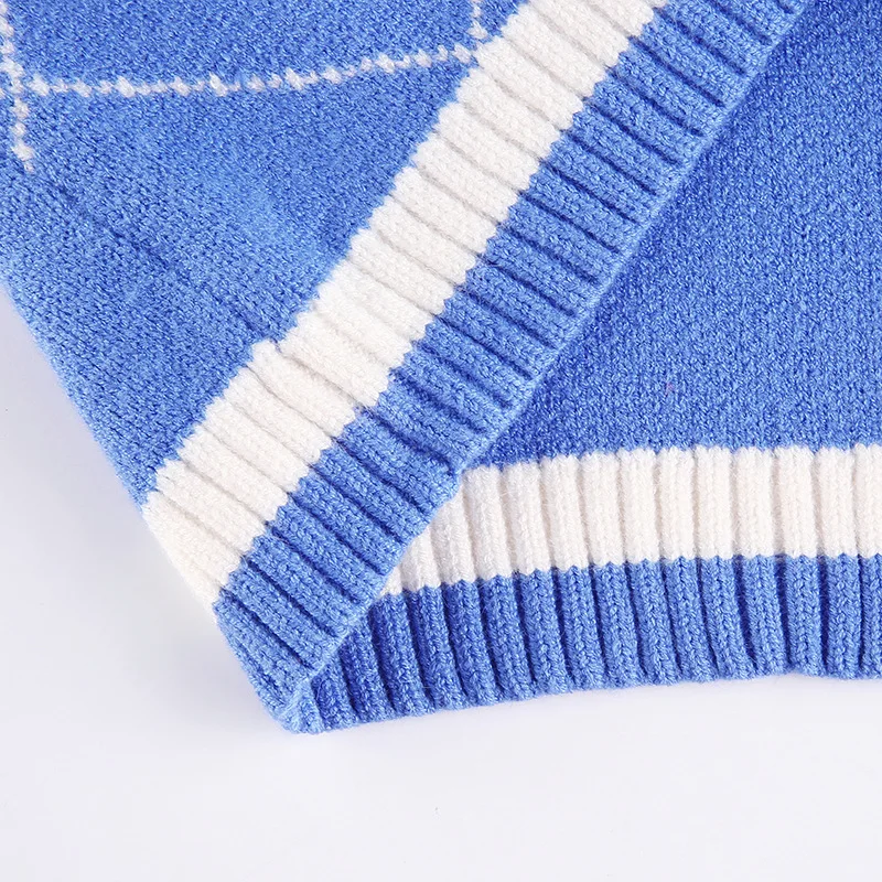 Retro Argyle Sweater Vest Autumn 2020 Korean Style Patchwork Blue White Sleeveless Plaid Slim Knitted Vest Top Mujer Camisetas