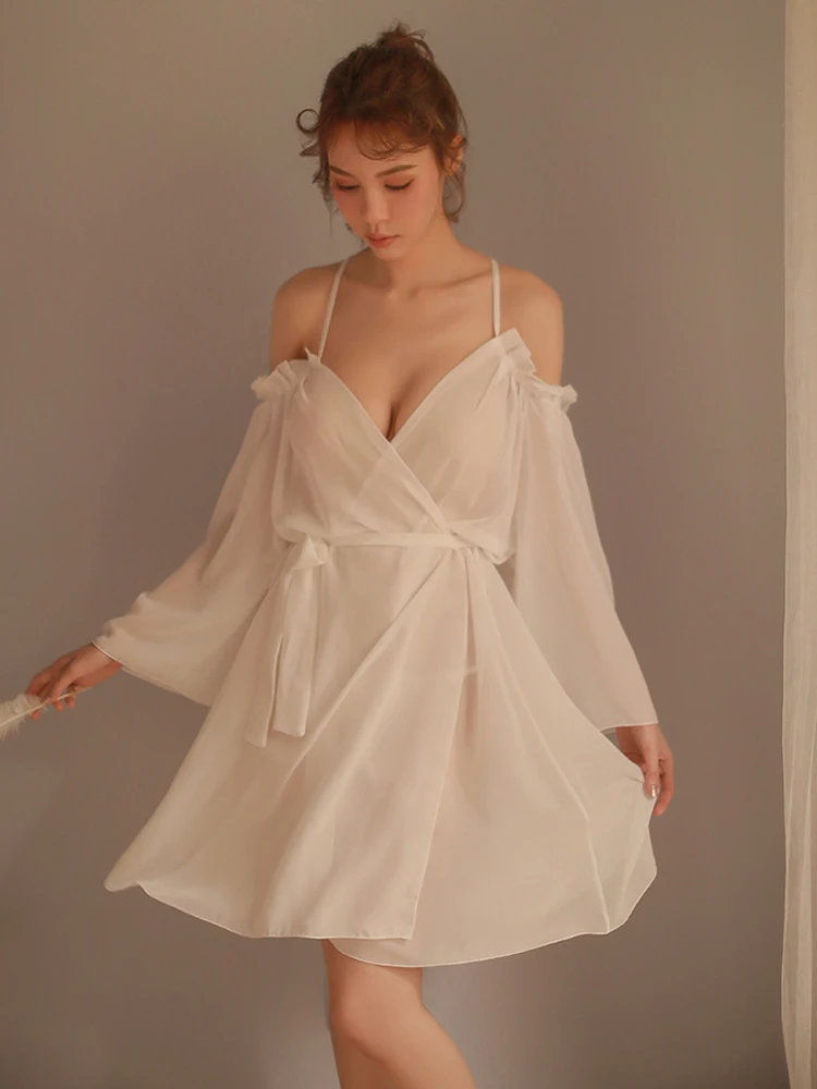Сексуальная одежда для сна ночная рубашка с короткими рукавами и открытыми плечами женская ночная сорочка одежда для сна - Цвет: Белый