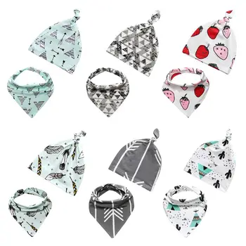 

2 Pcs/set Cartoon Baby Hat Bib Set Cute Print Infants Boys Girls Cotton Hat Knit Fashion Hats Saliva Towel Newborn Photography P