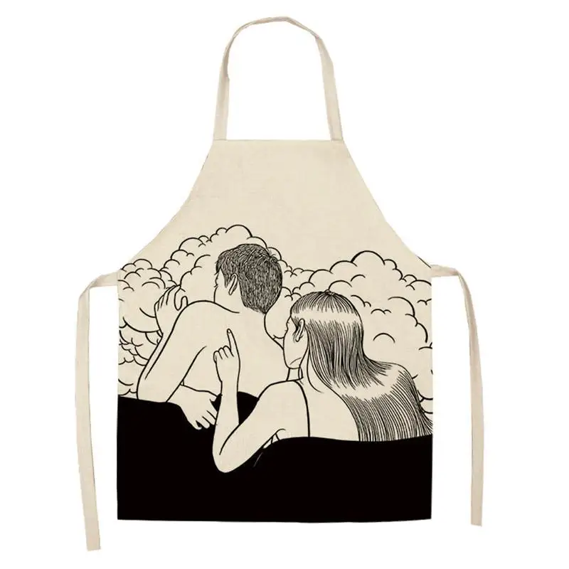 Black White Aprons Women Men Flower Cotton Linen Aprons for Kitchen Home Cooking Baking Cleaning Accessories WQ115