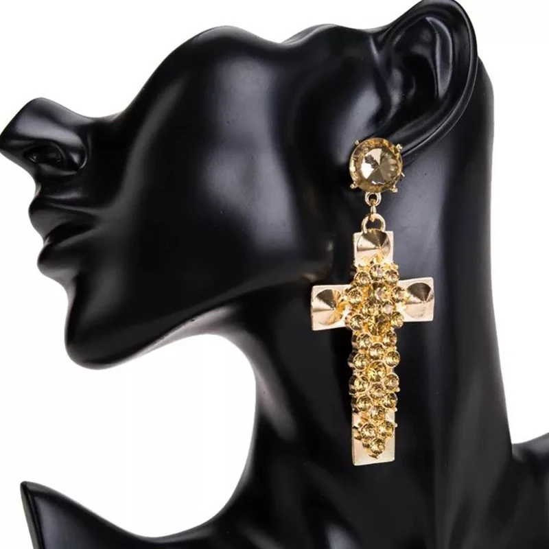 

American and Korean fashion new style temperament gold crucifix rivet earrings exaggerated crystal night club banquet jewelry