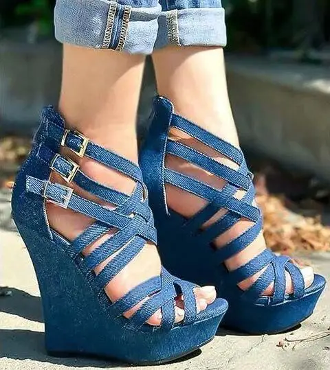 Drop Shipping Hot Summer Woman Blue Jeans Black Cuts Out Wedge Sandals Girls Buckles Platform High Heel Sandals Shoes Lady Women S Sandals Aliexpress