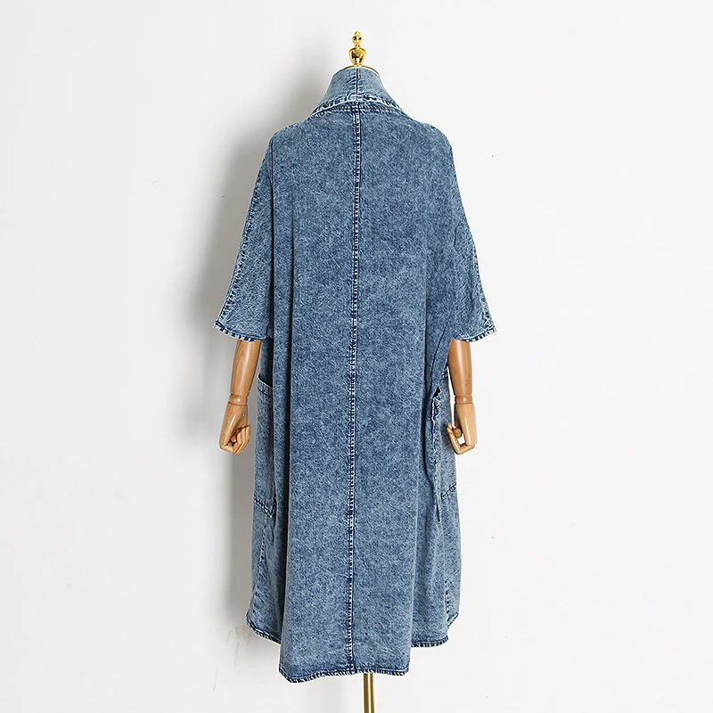 CHICEVER Blue Denim Trench For Women Lapel Batwing Three Quarter Sleeve Loose Big Size Windbreakers Female 2021 Autumn Clothing