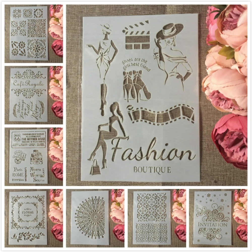 

8Pcs A4 European Style Invitation Cafe Words DIY Layering Stencils Painting Scrapbook Coloring Embossing Decorative Template